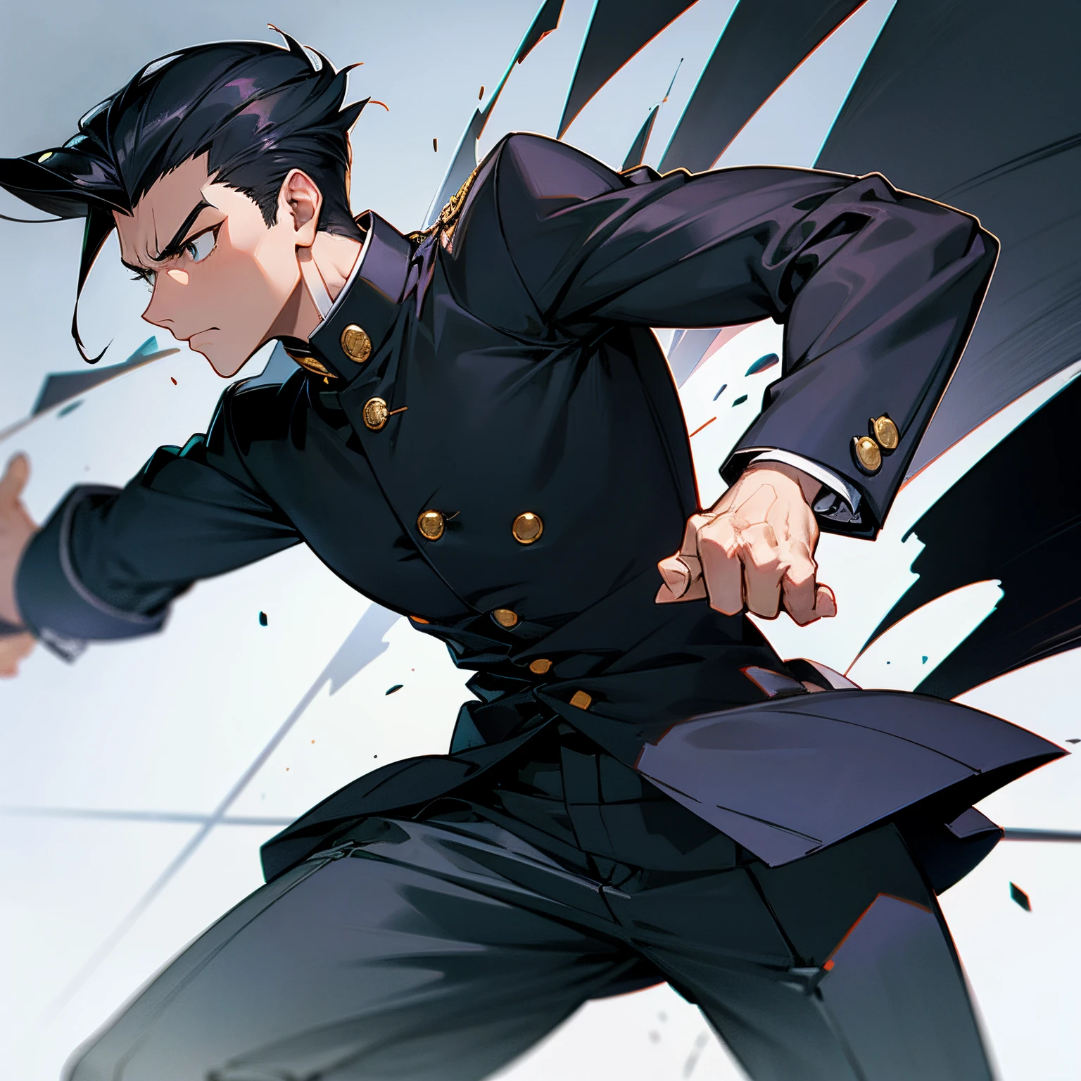 Make, Gakuran Uniform , Slight Muscular Build, Slicked Back Hair, Black Hair, Serious Expression, Standing on city street, High-quality, Ultra-detailed