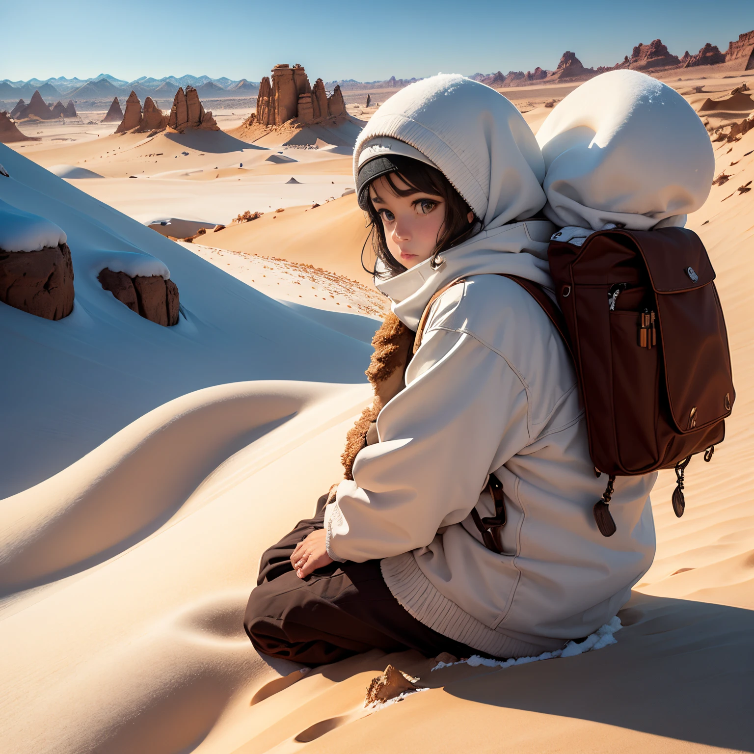 Sahara desert and snowy mountains of Peru, sand, snowflakes, white and brown colors, land and sea, sun and snow, detailed cactus, palm trees swaying in the wind, vibrant sunset over the mountain peaks, vast expanse of sand dunes, camel caravan traversing the desert, icy waterfalls cascading down the cliffs, snow-capped peaks, fluffy clouds in the sky, contrasting textures and temperatures, extreme heat and freezing cold, intricate patterns formed by the wind on the sand, jagged edges of the mountains, sparkling sunlight reflecting off the snow, serene and calm atmosphere, large waves crashing on the shore, colorful fish swimming in the clear blue sea, towering ice sculptures, traces of animal footprints in the sand, diversity of flora and fauna, vastness and grandeur of nature, hypnotizing silence interrupted only by the sound of wind and waves. 

(best quality,4k,8k,highres,masterpiece:1.2), ultra-detailed, realistic:1.37, HDR, UHD, studio lighting, extreme detail description, professional, vivid colors, sharp focus, physiologically-based rendering, portraits, landscape, contrasted color tones, dynamic lighting effects.
