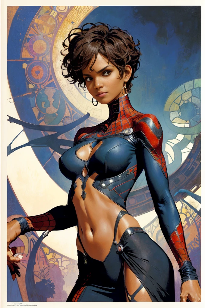 Halle Berry、Sticking out the navel、newyork、She wears a torn Spider-Man suit,wearing skirt、abstract photorealistic、artistic、Alphonse Mucha's painting(masterpiece、top-quality、hight resolution:1.4)、detaileds、intricate-detail、4K、color splashes、line-drawing、Fibonacci、