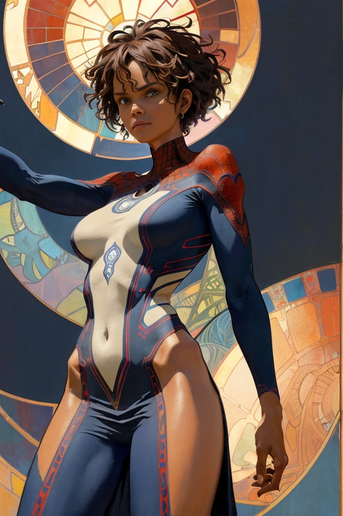 Halle Berry、Sticking out the navel、newyork、She wears a torn Spider-Man suit,wearing skirt、abstract photorealistic、artistic、Alphonse Mucha's painting(masterpiece、top-quality、hight resolution:1.4)、detaileds、intricate-detail、4K、color splashes、line-drawing、Fibonacci、