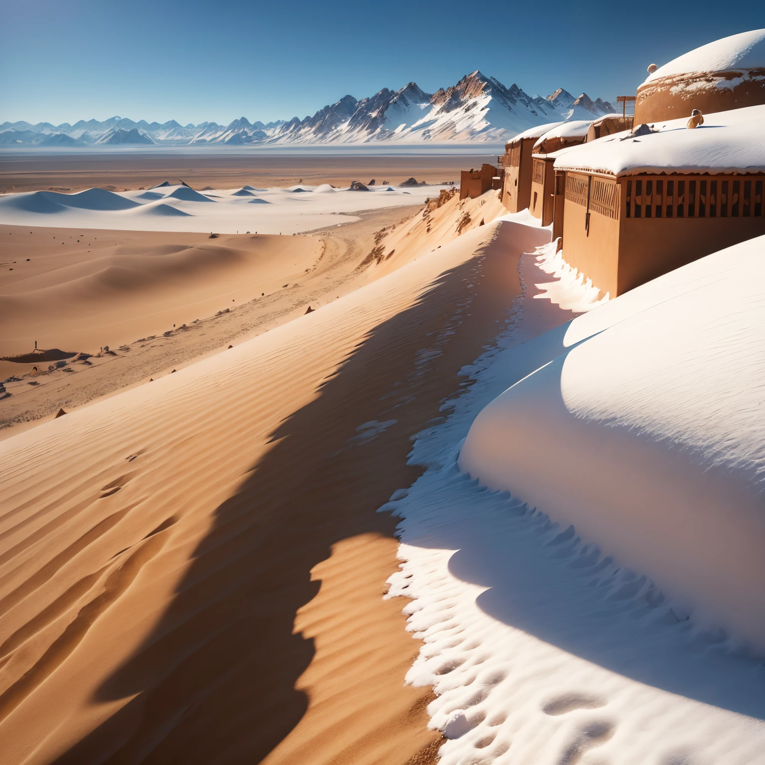 Sahara desert and snowy mountains of Peru, sand, snowflakes, white and brown colors, land and sea, sun and snow, detailed cactus, palm trees swaying in the wind, vibrant sunset over the mountain peaks, vast expanse of sand dunes, camel caravan traversing the desert, icy waterfalls cascading down the cliffs, snow-capped peaks, fluffy clouds in the sky, contrasting textures and temperatures, extreme heat and freezing cold, intricate patterns formed by the wind on the sand, jagged edges of the mountains, sparkling sunlight reflecting off the snow, serene and calm atmosphere, large waves crashing on the shore, colorful fish swimming in the clear blue sea, towering ice sculptures, traces of animal footprints in the sand, diversity of flora and fauna, vastness and grandeur of nature, hypnotizing silence interrupted only by the sound of wind and waves. 

(best quality,4k,8k,highres,masterpiece:1.2), ultra-detailed, realistic:1.37, HDR, UHD, studio lighting, extreme detail description, professional, vivid colors, sharp focus, physiologically-based rendering, portraits, landscape, contrasted color tones, dynamic lighting effects.