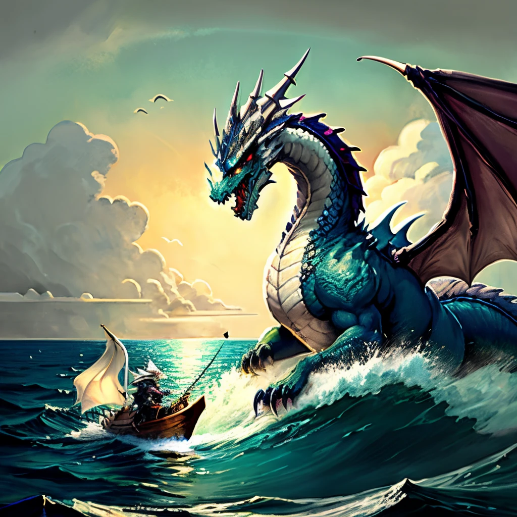 Dragon on a boat in the ocean with a man in a boat - SeaArt AI