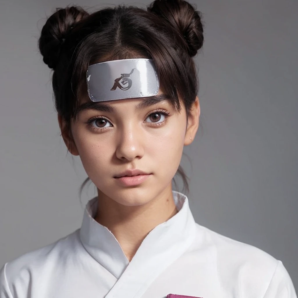 young woman, tanned skin, dark brown hair tied in two buns, brown eyebrows, chocolate eyes, thin nose, thin lips, round face, pink clothes, Tenten, realism, 3d