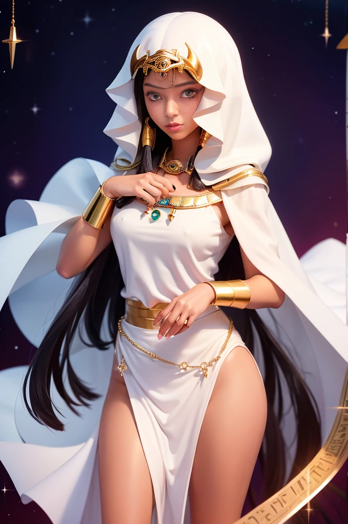 masterpiece, best quality,1girl, Egyptian,dark-skinned female, solo, dark skin, long hair, jewelry, blue eyes, eye of horus, black hair, gem, hood, necklace, upper body, breasts, bracelet, egyptian, armlet, closed mouth, gold, looking away, medium breasts, artist name, dress, looking to the side, hand on own chest, forehead jewel, hand up, white dress, cloak, beads, cape, ring, copyright name, card, collarbone, hood up, chain, very long hair, head tilt, hair tubes, eyelashes, glint, lips