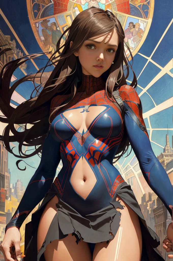 jessicaalba、Sticking out the navel、newyork、She wears a torn Spider-Man suit,wearing skirt、abstract photorealistic、artistic、Alphonse Mucha's painting(masterpiece、top-quality、hight resolution:1.4)、detaileds、intricate-detail、4K、color splashes、line-drawing、Fibonacci、