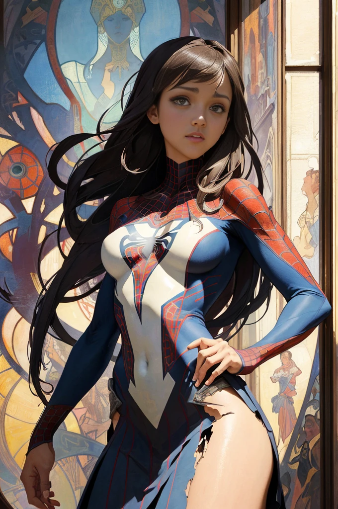 jessicaalba、Sticking out the navel、newyork、She wears a torn Spider-Man suit,wearing skirt、abstract photorealistic、artistic、Alphonse Mucha's painting(masterpiece、top-quality、hight resolution:1.4)、detaileds、intricate-detail、4K、color splashes、line-drawing、Fibonacci、