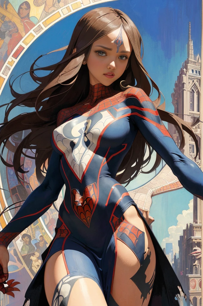 jessicaalba、Sticking out the navel、newyork、She wears a torn Spider-Man suit,wearing skirt、abstract photorealistic、artistic、Alphonse Mucha's painting(masterpiece、top-quality、hight resolution:1.4)、detaileds、intricate-detail、4K、color splashes、line-drawing、Fibonacci、
