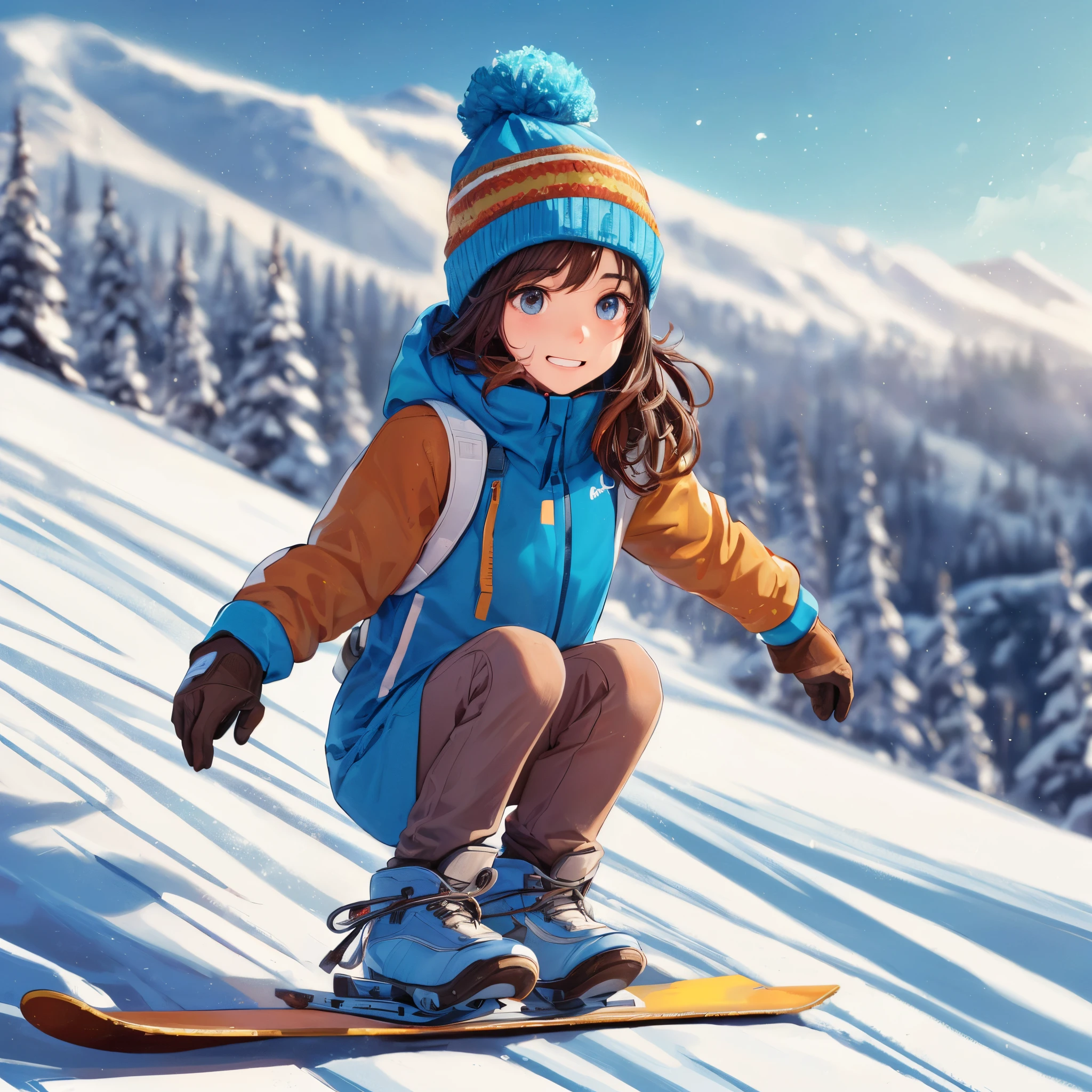 ((32k UHD alto detalhe, 16k RAW cinematic art)) best quality, alta qualidade, Altas, aprimoramento de detalhes,Pista de esqui,gorro, snowboard, blue winter sky, desgaste de snowboard, cabelo saltando 1girl, Garotinha, corpo inteiro, child body, corpo brilhante bonito, franja,((cabelos castanhos escuros:1.3)), olhos altos, (aquamarine eyes), pequeno, olhos altos, menina bonita com detalhes finos, Olhos bonitos e delicados, Rosto detalhado, Olhos bonitos,luz natural,((realismo: 1.2 )), Dynamic photo of distant view,Cinematic lighting, perfect composition, Por supequeno.pequeno, ultra detalhado, Arte Oficial, master part, (best quality:1.3), reflexions, extremamente detalhado CG unidade 8k papel de parede, Antecedentes detalhados, master part, best quality , (master part), (best quality:1.4), (Ultra Highres:1.2), (hiper-realista:1.4), (fotorrealista:1.2),