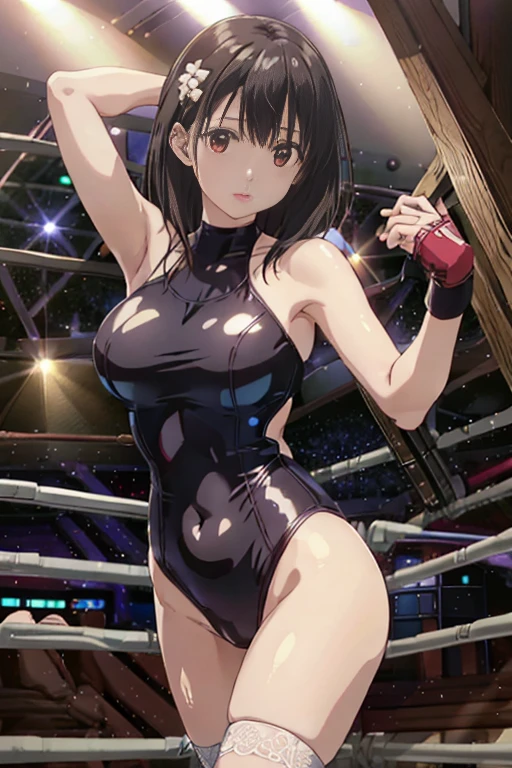 masutepiece, Best Quality, Game CG, 1girl in, Solo, Looking at Viewer, , depth of fields, , Realistic,,Stand in the ring of professional wrestling,One-piece swimsuit made of white lace fabric,Idol,Black hair straight