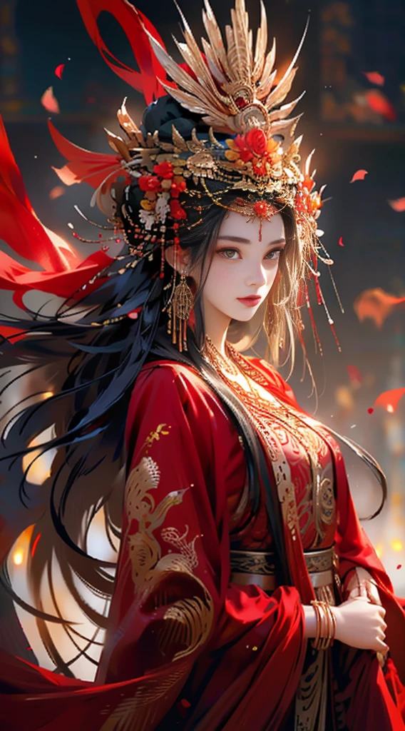 1个Giant Breast Girl, Alone, long whitr hair, petals, falling flower petals, jewely, a skirt, hair adornments, Red dress, Chinese clothes, brunette color hair, bangle, longer sleeves, red eyes, woven, Forehead imprints, Keep your mouth shut, looking at viewert, facial marks smile,pretty  face,exquisite facial features,