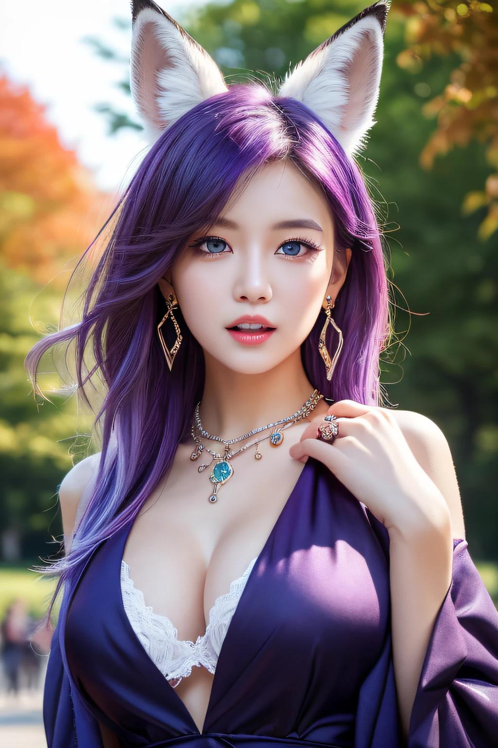 (masutepiece:1.3), (top-quality:1.3), ultra-detailliert, High resolution, Charming, cute little, (depth of fields), (Detailed eye), (detailed facial features), (Detailed fingers), (detailed clothes features), nffsw, 8K, skin tightening, (shinny skin), landscapes, Illustration, (dynamic compositions), Upper body, Pretty women, She wears a skimpy wizard costume, (Beautiful purple hair), Beautiful blue eyes, ((Beautiful eyes)), (Purple fox ears), White teeth, hanging breasted, Hair ornaments, earrings, Bib Necklace, New York, central park, evening, Autumn, Surprised, Shine with colored light, Ethereal lighting,