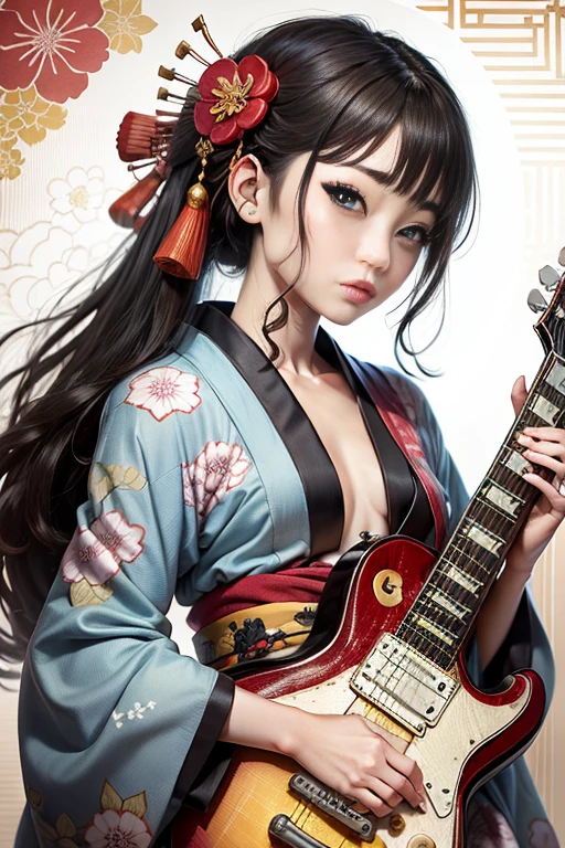 (Best Quality, masutepiece) (((A girl wearing a kimono and playing the guitar))), (((A girl wearing a kimono and playing an electric guitar))), (((Les paul)))、Full body shot,(((Smaller chest))), (((Oiran Style)))、full bodyesbian、cowboy  shot、Ukiyo-e style courtesan style、ultra-detailliert、Beautifully Aesthetic、​masterpiece、top-quality、A detailed eye、Red eyes、(((Smaller chest)))、1girl in、独奏、looking at the viewers、blue eyess、A dark-haired、hair adornments、komono、kimono、makeups、lipsticks、hair stick、red kimono、kanzashi、layered clothes、Art parody、Anime, Illustration, Detailed skin texture, Detailed Cloth Texture, beautifull detailed face,