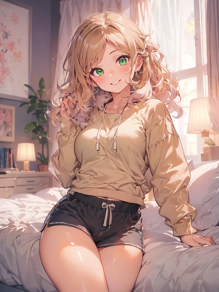 Masterpiece, Highly detailed, 4K quality, one girl, mature female, beautiful woman with curly brown hair and blond tips, green eyes, sweatshirt, short shorts, belly neckline, perfect belly, that show her thick thighs, gentle smile, pink lips, medium boobs, slightly chubby, bedroom background