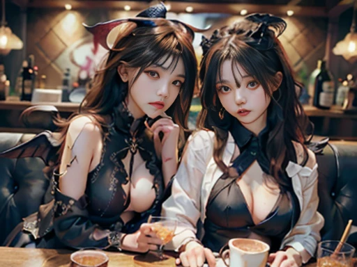 (masterpiece), (High quality), two women in party clothes, translucent clothes, young party girls, sitting in a bar, smoking cigarettes and drinking alcohol, Angel is split in two with smoke, (devil against angel), 2 angels, Wings of the Devil, with two pairs of wings, angel against devil, fallen angels, 2 wings, heaven, with the devil's infernal wings, sexy movie photo, drinking and smoking, Cinematic. by Leng Jun, Dark Coffee Ange -imagine - --auto --s2
