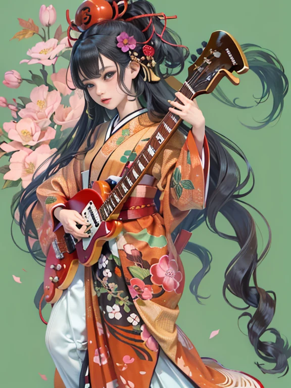 (((A girl wearing a kimono and playing an electric guitar))), (((Les paul)))、(((Full body shot))),(((Smaller chest))), (((Oiran Style)))、full bodyesbian、cowboy shot、Ukiyo-e style courtesan style、ultra-detailliert、Beautifully Aesthetic、masterpiece、top-quality、A detailed eye、Red eyes、(((Smaller chest)))、1girl in、独奏、looking at the viewers、blue eyess、A dark-haired、hair adornments、komono、kimono、makeups、lipsticks、hair stick、red kimono、kanzashi、layered clothes、Art parody、Anime, Illustration, Detailed skin texture, Detailed Cloth Texture, beautifull detailed face,、花魁、