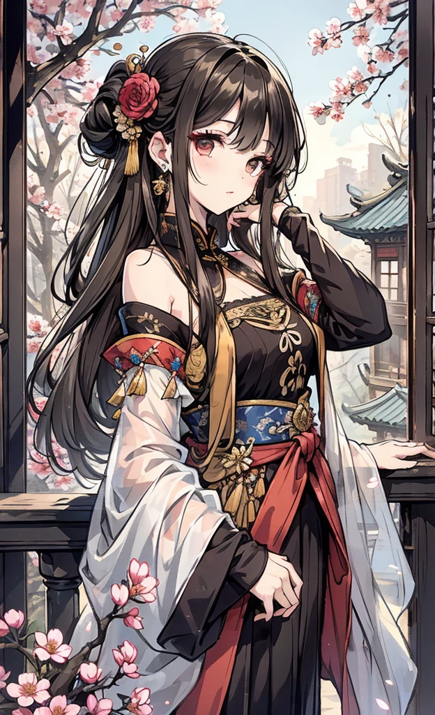 top-quality、Top image quality、tmasterpiece、(tmasterpiece:1.2),Atdan, 1 plump girl, Alone, Branch, flowers blooming, jewely, a skirt, ear nipple ring, that tree, through bangs, Long gray hair, Ancient Chinese courtyard,hair adornments, view the viewer, Chinese clothes, sheer transparent clothes,black hair color hair, hairflower, Brown hair, exposed bare shoulders, Very long hair, Wide sleeves, longer sleeves