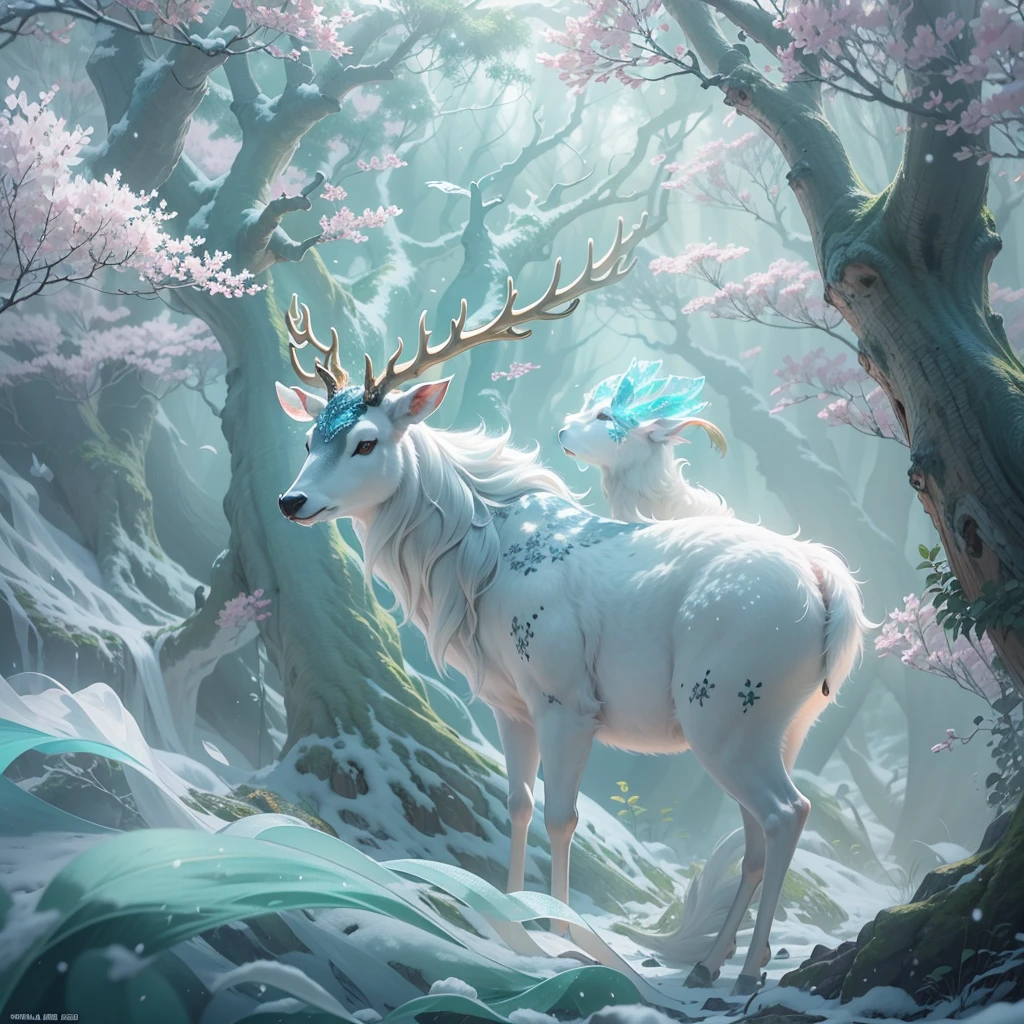 Ice and snow deer that come leisurely, The pure white body realizes the ice wonderland, Yan Jun changed the wind, Exhale white air in transparent air, Together with the ethereal trees, it forms a fantastic sight, High-quality CG paints a spectacular picture, Yue Xiaofei's character design is perfect and exquisite, The curves are great, And the whole scene is more like the outer world under the blessing of the depth of field effect,The theme of the forest,buliding