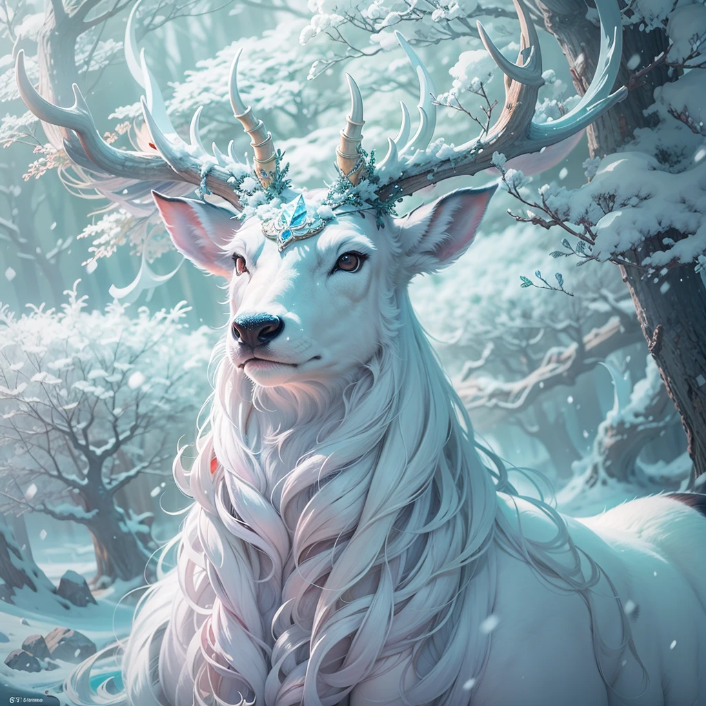 Ice and snow deer that come leisurely, The pure white body realizes the ice wonderland, Yan Jun changed the wind, Exhale white air in transparent air, Together with the ethereal trees, it forms a fantastic sight, High-quality CG paints a spectacular picture, Yue Xiaofei's character design is perfect and exquisite, The curves are great, And the whole scene is more like the outer world under the blessing of the depth of field effect,The theme of the forest,buliding