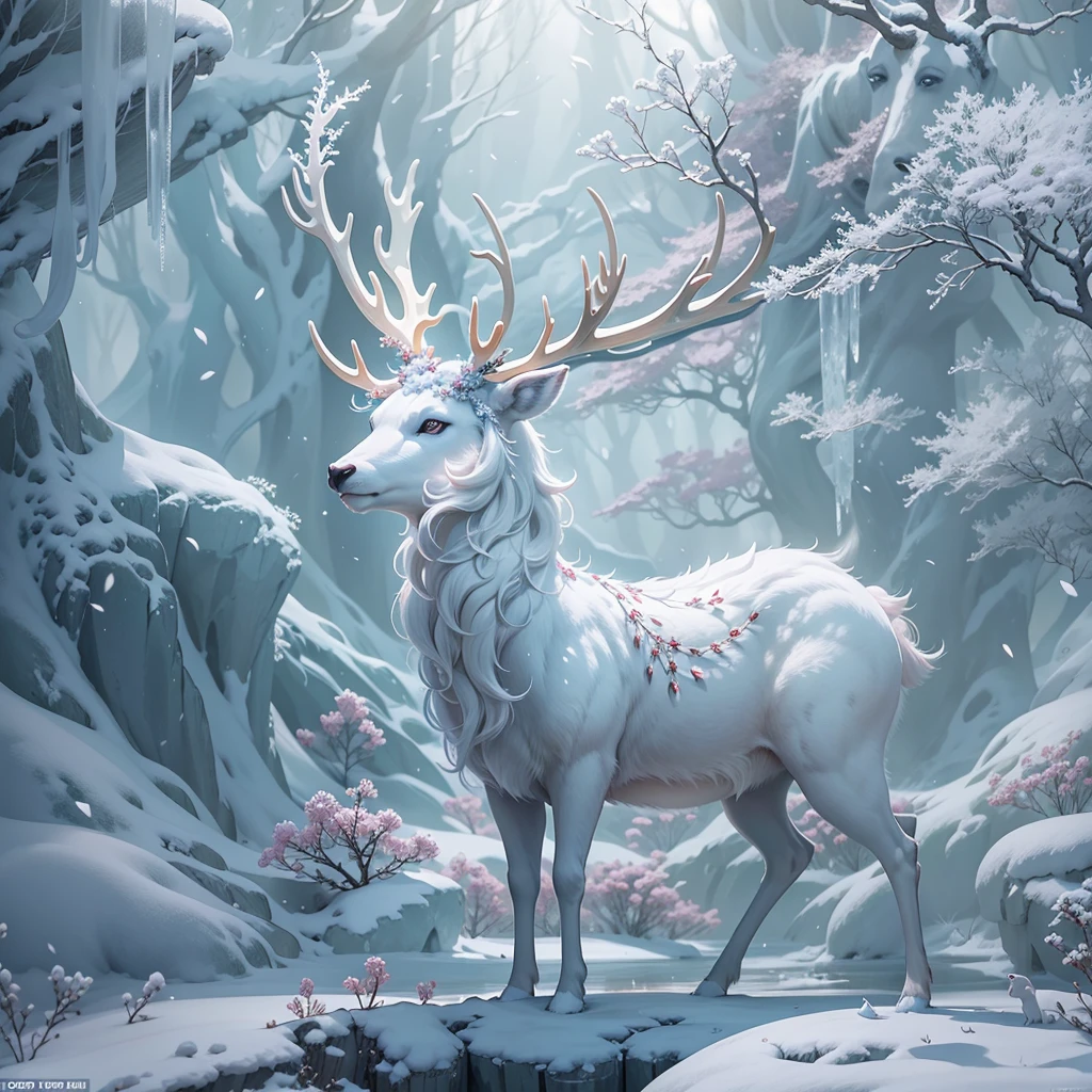 Ice and snow deer that come leisurely, The pure white body realizes the ice wonderland, Yan Jun changed the wind, Exhale white air in transparent air, Together with the ethereal trees, it forms a fantastic sight, High-quality CG paints a spectacular picture, Yue Xiaofei's character design is perfect and exquisite, The curves are great, And the whole scene is more like the outer world under the blessing of the depth of field effect，The theme of the forest，buliding