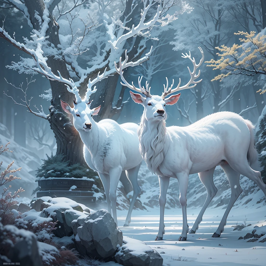 Ice and snow deer that come leisurely, The pure white body realizes the ice wonderland, Yan Jun changed the wind, Exhale white air in transparent air, Together with the ethereal trees, it forms a fantastic sight, High-quality CG paints a spectacular picture, Yue Xiaofei's character design is perfect and exquisite, The curves are great, And the whole scene is more like the outer world under the blessing of the depth of field effect，The theme of the forest，buliding