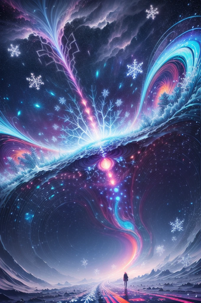 （Girl stands in front of white snow vortex: 1.5），((pure white starlight， snowflakes around，The truth， expecting， depth of fields， insight， I got it， Monte， The Milky Way is lush, translucent cloud， spectrum， in a panoramic view， Interstellar cycle， Crazy， Web portals， The large， White light， global snowflake，The sky is covered with beautiful snowflakes))，Vibrant white light color，thickline，Raging sea，Multi-layered，foreground、Faraway view、fractal thunder dan mumford，danford and alex gray style，psychedelic surreal art，Surrealist psychedelic design，dream art style，Illusion psychedelic art，Infinite psychedelic waves，inspired by Cyril Rolando (Cyril Rolando)，Real corrugated structure，Psychedelic art style，trippy art，psychedelic illustrations，(Alone)，Black light