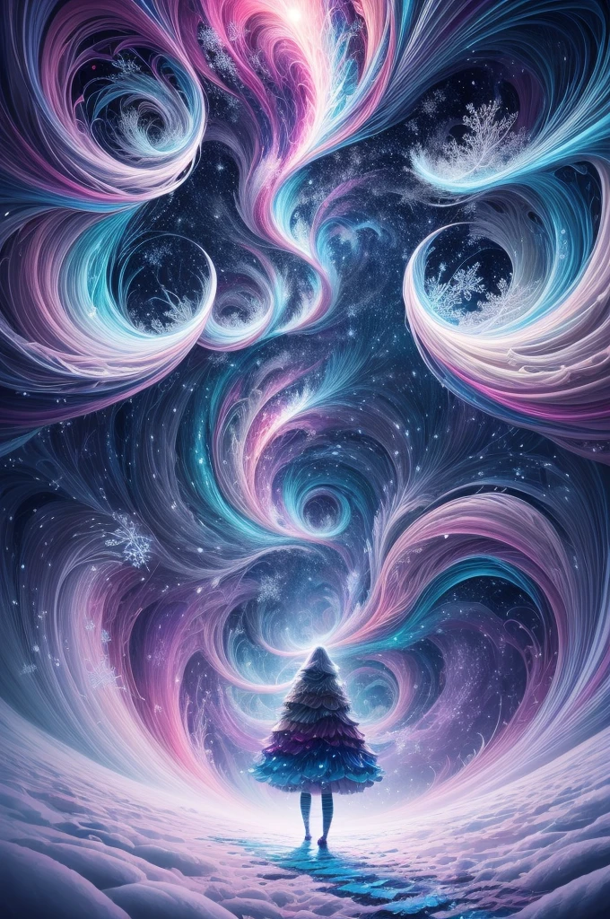 (Girl stands in front of white snow vortex: 1.5),((pure white starlight, snowflakes around,The truth, expecting, depth of fields, insight, I got it, Monte, snow covered, translucent clouds, spectrum, in a panoramic view, snowfield cycle, Crazy, Web portals, The large, White light, global snowflake,The sky is covered with beautiful snowflakes)),Vibrant white light color,thickline,turbulent snowflakes,Multi-layered,foreground、Faraway view、fractal thunder dan mumford,danford and alex gray style,psychedelic surreal art,Surrealist psychedelic design,dream art style,Illusion psychedelic art,Infinite psychedelic waves,inspired by Cyril Rolando (Cyril Rolando),Real corrugated structure,Psychedelic art style,trippy art,psychedelic illustrations,(Alone)