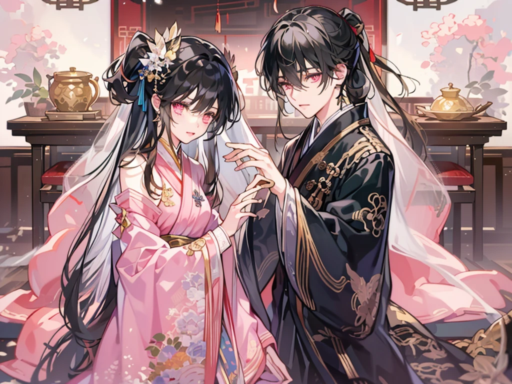 ((tmasterpiece)), Best quality at best, Excellent illustration, A couple, soft focus, 1 boy with long black hair, yellow-eyed，Wearing black Hanfu, 1 girl with long black hair, No bangs, a pink eyes，Wear a pink dress, in a luxuriously living room, Chinese furniture，opulent and exquisite atmosphere, natta，Boys are taller than girls,,k hd，high high quality，high detal，detailface