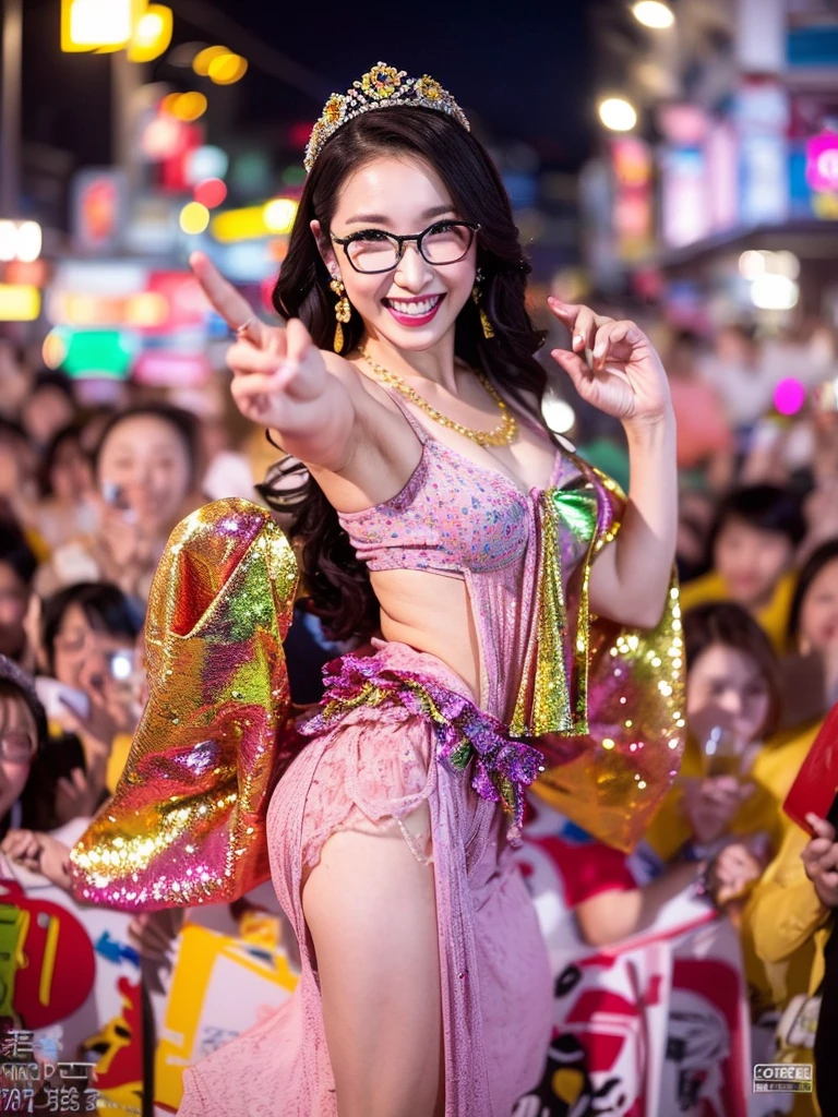 8K、Real Images、detaileds、​masterpiece、It&#39;s a real photo、Top image quality、top-quality、Golden hair、（large boob:1.5）、(Pocchari body type:1.5）、Smiling big、Posing cutely、wearing a small bikini with frills、Wearing glasses、wearing red lipstick、Wearing large earrings、Wearing a tiara、wearing a colorful necklace、wearing flashy stiletto heels、Neon Street at Night、dancing happily in the crowd、Drinking alcohol、