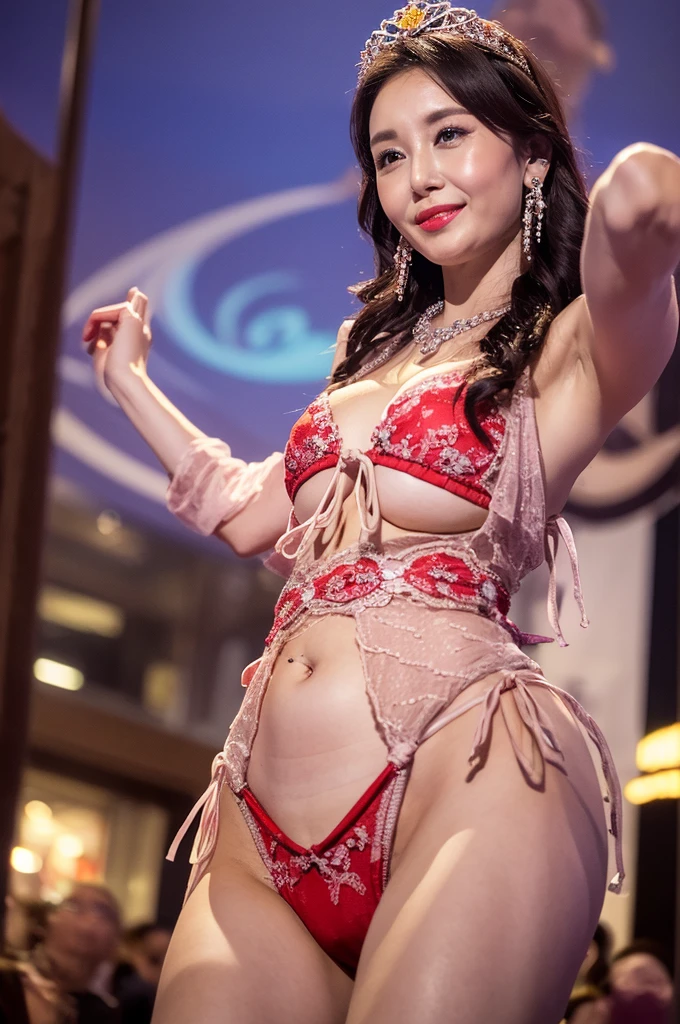 8K、Real Images、detaileds、masterpiece、It's a real photo、Top image quality、top-quality、a blond、(huge tit:1.5)、(Pocchari body type)、Posing cutely、wearing bikini、wearing red lipstick、Wearing large earrings、wearing a beautiful tiara、wearing a colorful necklace、Wearing pin heels、Downtown at night、dancing in the crowd