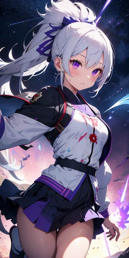 1 girl, japanese clothes, ponytail ,white hair, purple eyes, magic circle, blue flame, blue flame, wallpaper, landscape, Blood, blood spatter, depth of field, night, light particles, light, side light, thigh, destiny \(series\), Genshin Impact, ****, open jacket, skirt, Raise your legs high, cloud