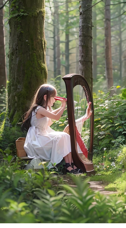 1 girl playing harp in the forrest