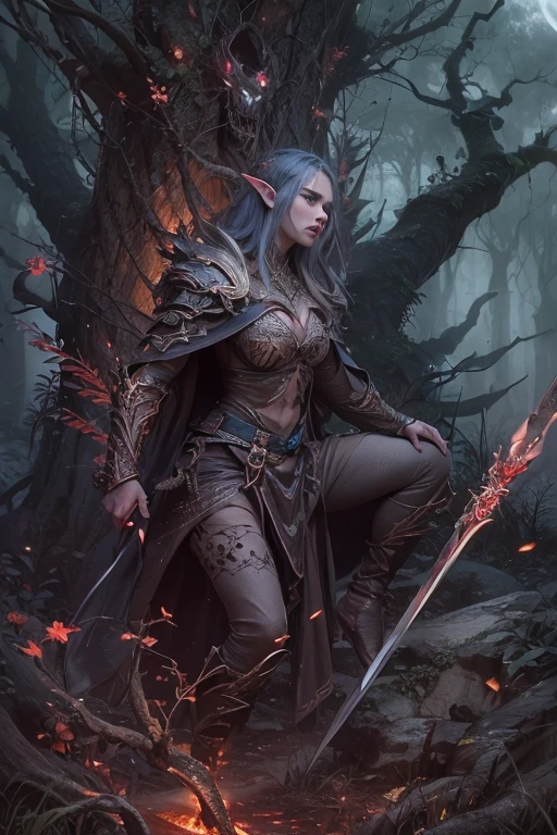 (highres:1.2), elven warriors,fighting undead,zombified creatures,enchanted forest,magic infused battleground,fierce battle,bloodshed,stark contrast,colossal moonlit sky,ethereal atmosphere,glowing runes,ancient trees,twisted roots,moonlight piercing through canopy,majestic elven swords,splattering blood,ferocious expressions,dagger-like gaze,unyielding resilience,strategic movements,silent footsteps,swift strikes,effortless agility,stunning choreography,mysterious rituals,dark enchantments,empowering spells,fading wisps of magic,ephemeral illusions,haunting whispers,dread-filled air,ominous shadows,dreadful darkness,horrifying shrieks,menacing undead horde,broken armor,decaying flesh,crimson splatters,limbs flailing,wilted flowers,fallen leaves,whispers of the forest,earthly energy pulsating through veins,ancient elven heritage,undying protectorate,sacred duty,bound by destiny,endless struggle,unbreakable bonds of brotherhood,unrelenting resolve.