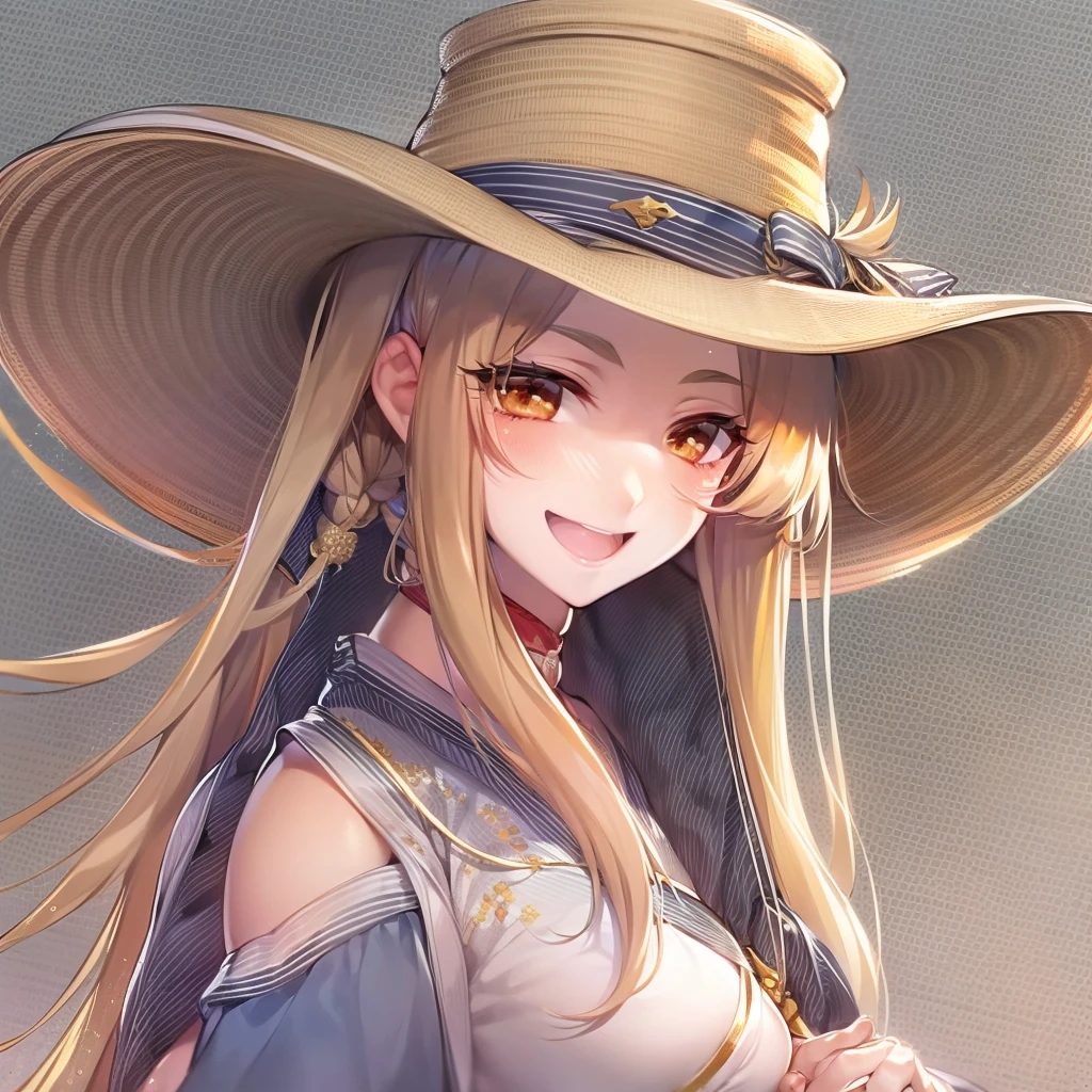 Smiling Samurai, Uma personagem feminina, Tendo Ryuzhucai, Height is 168cm, Measurements are B104cm、W53cm、H82cm, gentleness, considerate, heal, 16 yaers old, Tall, is a gunman, Jinre&#39;s long hair reaches waist, Wearing a big straw hat, scantily clad, did not wear panties, White skin, adolable, Blonde hair, Ultramammy, Delicate facial features, Western denim style, anime, UHD, super detail, textured skin, high details, high quality, 16k, highres