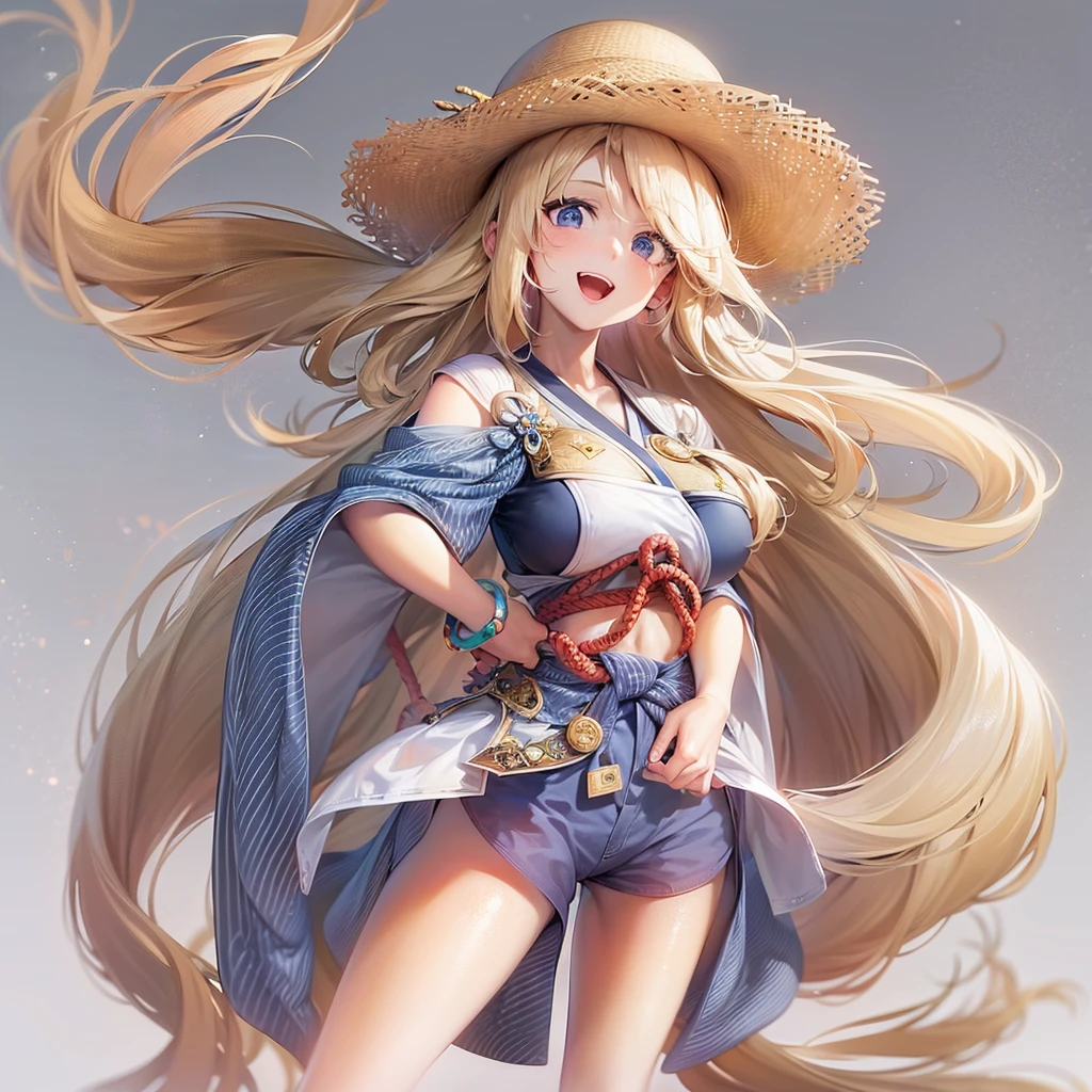 smiling samurai, A female character, Tendo Dragon Ball Vegetables, HEIGHT 168CM, Size is B104cm、Width 53 cm、Height 82 cm, gentleness, attentive, healed, 16 yaers old, tall, is a gunman, It's really hot&#39;s long hair reaching waist, Wearing a large straw hat, scantily clad, did not wear panties, white skinned, cute big breasts, Blonde hair, super mom, exquisite facial features, Western denim style, Japanese cartoon, hyper HD, super detailing, ctextured skin, high detal, high qulity, 16k, A high resolution