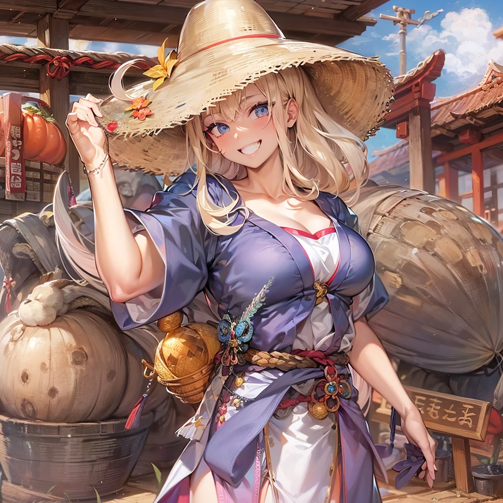 smiling samurai, A female character, Tendo Dragon Ball Vegetables, HEIGHT 168CM, Size is B104cm、Width 53 cm、Height 82 cm, gentleness, attentive, healed, 16 yaers old, tall, is a gunman, It's really hot&#39;s long hair reaching waist, Wearing a large straw hat, scantily clad, did not wear panties, white skinned, cute big breasts, Blonde hair, super mom, exquisite facial features, Western denim style, Japanese cartoon, hyper HD, super detailing, ctextured skin, high detal, high qulity, 16k, A high resolution