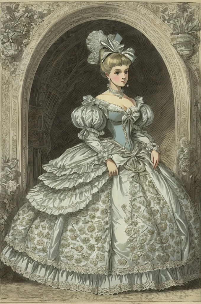 John Tenniel art, A Stately and Elaborate Royal Victorian Court Dress of silver damask adorned with (((bows))), poufs, ruffles, frills, lace, (((embroidery))), and jewels,, with (((enormous puffed sleeves))), an hourglass waist, and a (((huge crinoline hoopskirt))) long white gloves, pearl necklace and earrings