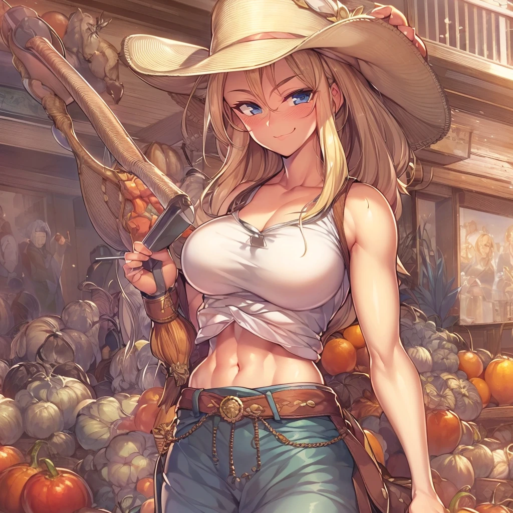 smiling gunman, A female character, Tendo Dragon Ball Vegetables, HEIGHT 168CM, Size is B104cm、Width 53 cm、Height 82 cm, gentleness, observant, back to normal, 16 yaers old, tall, is a gunman, So hot&#39;Long hair and waist, Wearing a large straw hat, scantily clad, did not wear panties, white skinned, Cute big breasts, Blonde hair, super mom, exquisite facial features, Western denim style, japanese manga, hyper HD, super detailing, ctextured skin, high detal, high high quality, 16k, A high resolution