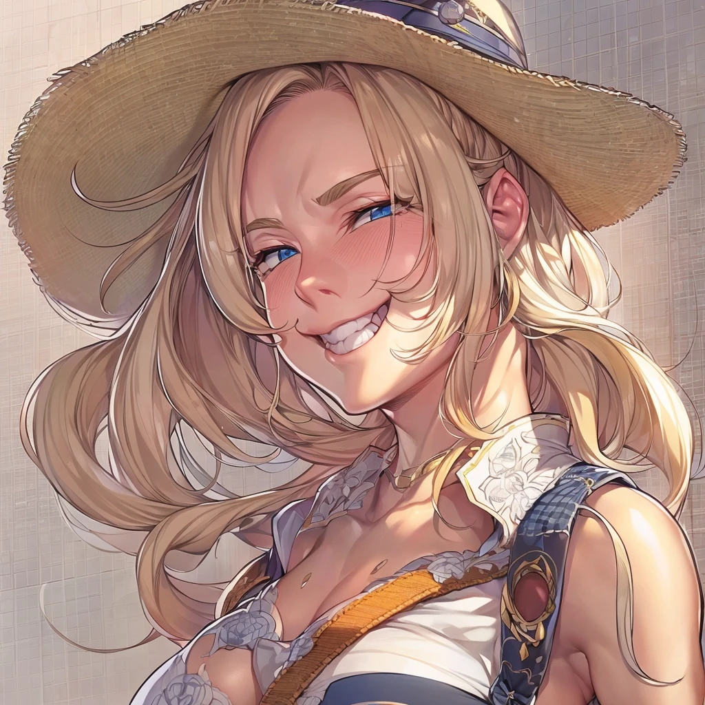 smiling gunman, A female character, Tendo Dragon Ball Vegetables, HEIGHT 168CM, Size is B104cm、Width 53 cm、Height 82 cm, gentleness, observant, back to normal, , tall, is a gunman, So hot'Long hair and waist, Wearing a large straw hat, scantily clad, did not wear panties, white skinned, Cute big breasts, Blonde hair, super mom, exquisite facial features, Western denim style, japanese manga, hyper HD, super detailing, ctextured skin, high detal, high high quality, 16k, A high resolution