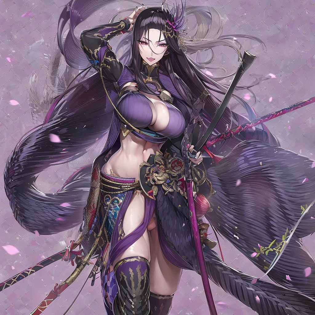 The majestic female general，Slim figure，Ripe and full，exciting huge boobs，Sexy long legs，no excess flesh，Wear purple gelcoat，A Japanese sword hangs from his waist，With a bow and arrow on his back，Wearing Japanese armor，The brilliance of motherhood almost overflows，Always with a kind expression。cabelos preto e longos，