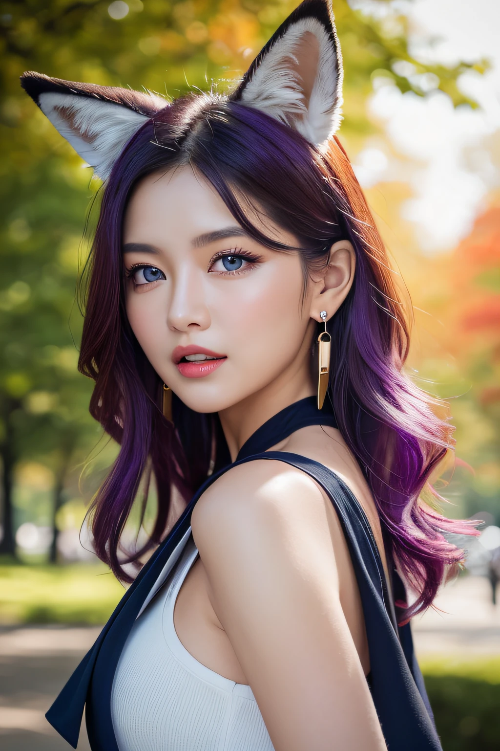 (masutepiece:1.3), (top-quality:1.3), ultra-detailliert, High resolution, Charming, cute little, (depth of fields), (Detailed eye), (detailed facial features), (Detailed fingers), (detailed clothes features), nffsw, 8K, skin tightening, (shinny skin), landscapes, Illustration, (dynamic compositions), Upper body, Pretty women, She wears a skimpy wizard costume, (Beautiful purple hair), Beautiful blue eyes, ((Beautiful eyes)), (Purple fox ears), White teeth, hanging breasted, Hair ornaments, earrings, Bib Necklace, New York, central park, evening, Autumn, Surprised, Shine with colored light, Ethereal lighting,