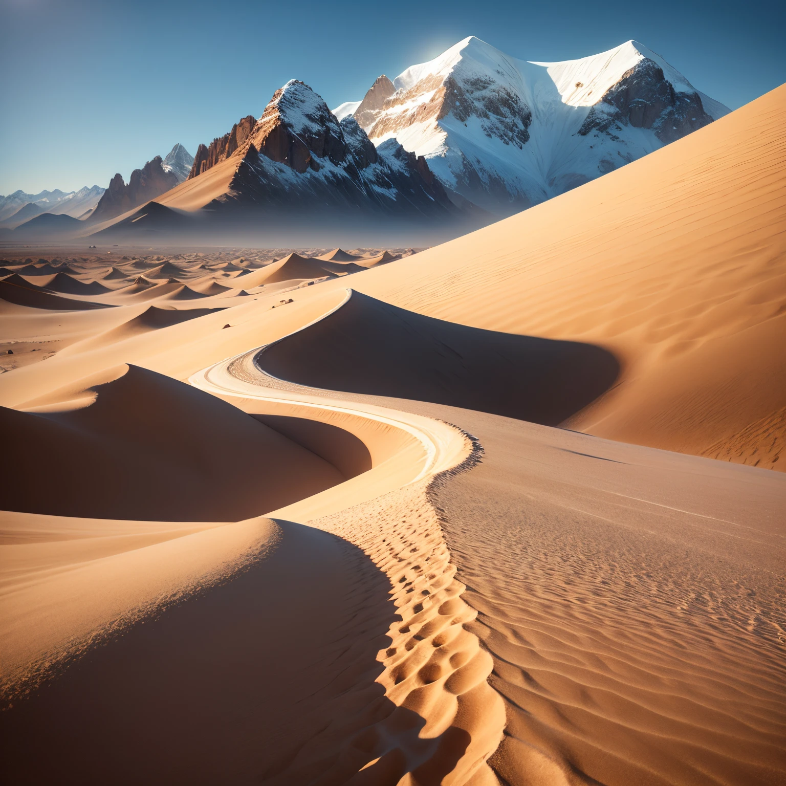 Sahara desert and snowy mountains of Peru, sand, snowflakes, white and brown colors, land and sea, sun and snow, detailed cactus, palm trees swaying in the wind, vibrant sunset over the mountain peaks, vast expanse of sand dunes, camel caravan traversing the desert, icy waterfalls cascading down the cliffs, snow-capped peaks, fluffy clouds in the sky, contrasting textures and temperatures, extreme heat and freezing cold, intricate patterns formed by the wind on the sand, jagged edges of the mountains, sparkling sunlight reflecting off the snow, serene and calm atmosphere, large waves crashing on the shore, colorful fish swimming in the clear blue sea, towering ice sculptures, traces of animal footprints in the sand, diversity of flora and fauna, vastness and grandeur of nature, hypnotizing silence interrupted only by the sound of wind and waves. 

(best quality,4k,8k,highres,masterpiece:1.2), ultra-detailed, realistic:1.37, HDR, UHD, studio lighting, extreme detail description, professional, vivid colors, sharp focus, physiologically-based rendering, portraits, landscape, contrasted color tones, dynamic lighting effects.