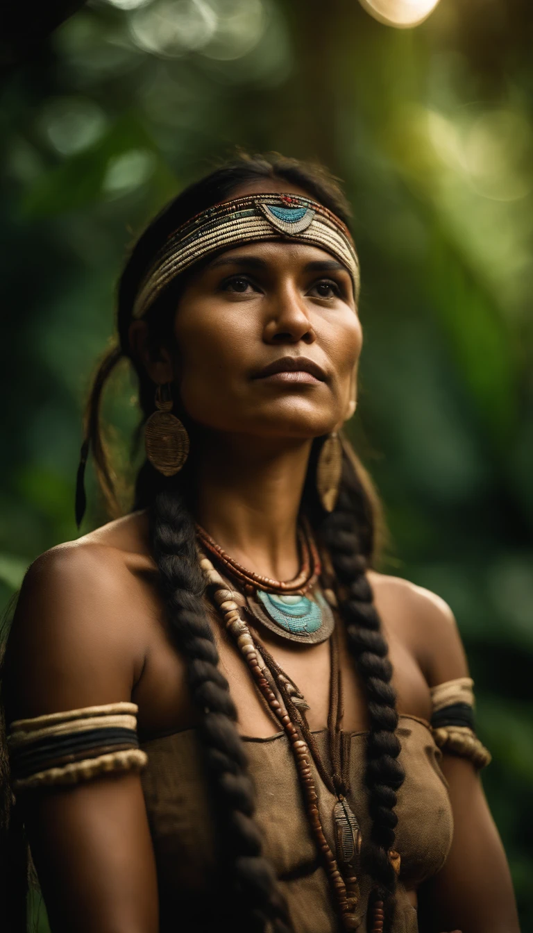 A beautiful amazon tribal woman. In the background should be the amazon rainforest