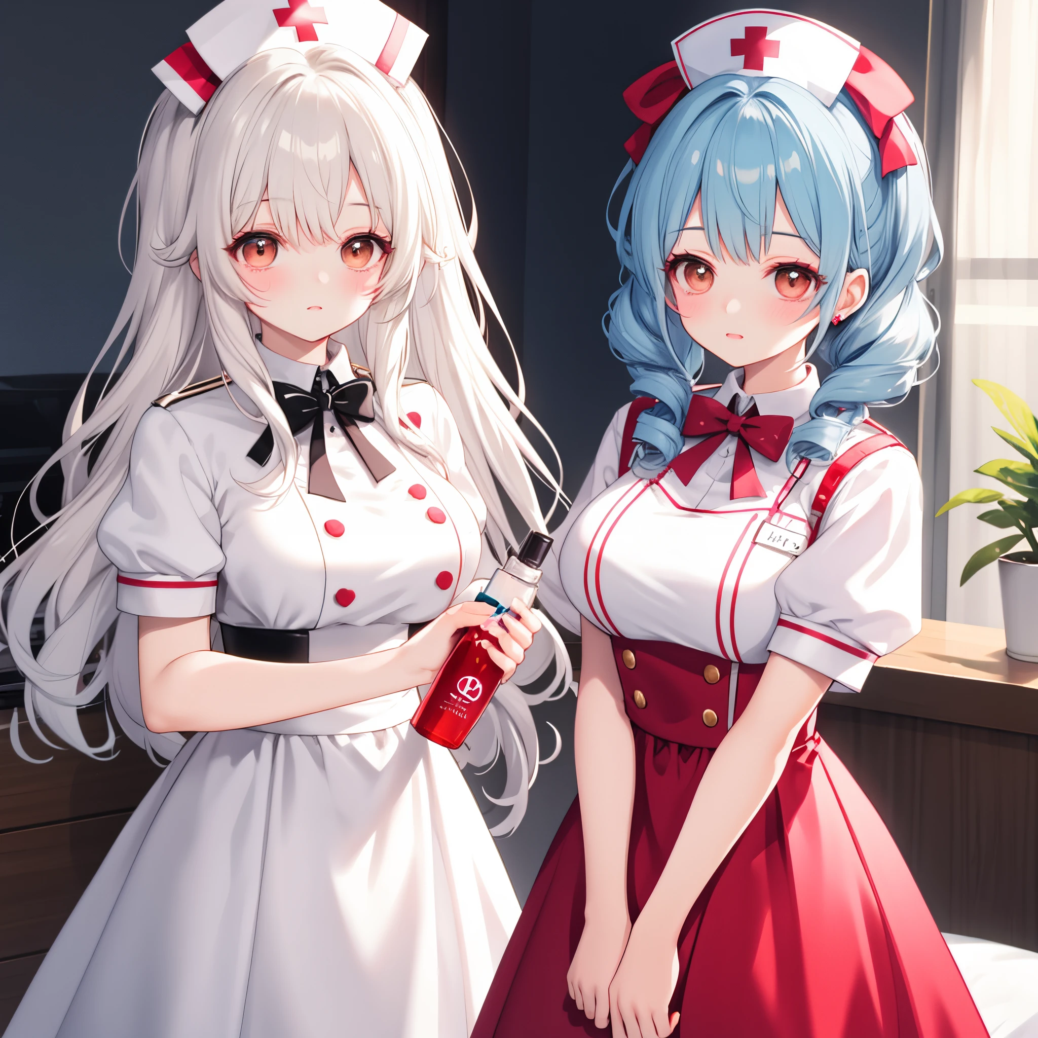 Character design,Q version,tchibi,Cute,The ratio of the head to the body,clothing design,ta prostitute,Gorgeous dress,mitts,curlies,very intricate,Exquisite,shift dresses,Bow knot,frilld,ribbon,bandagens,Nurse style,Huge syringe,pill,Red Cross,Y2K,E-girls,Unilateral eye patch,Love decoration,subculture,Sick,bloods