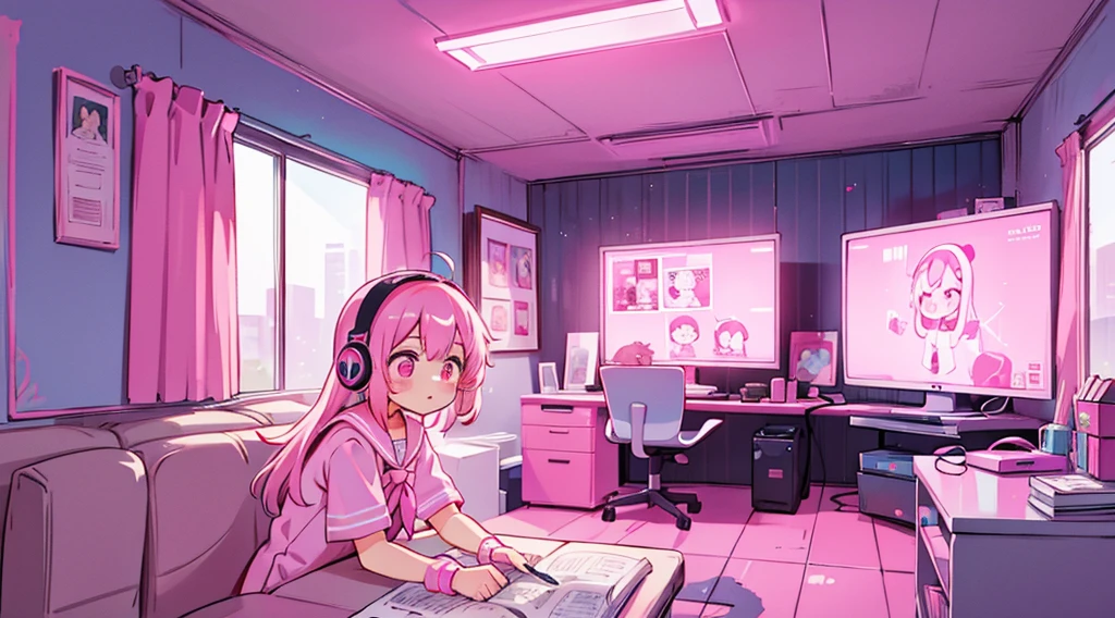 1girl, pink hair, pink eyes, sailor suit, headphones, pink cyberpunk, room with big monitors, room with big windows, pink neon