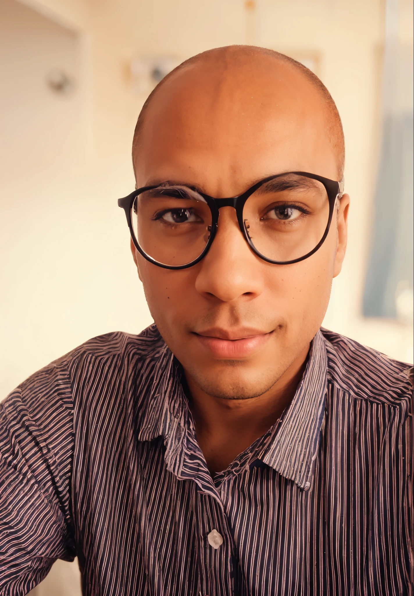 (Homem de cor de pele negra brasileiro misturado com africano com com roupa elegante), ), (sem barba ,) (olhos castanhos claros (retrato) Attractive and serious look, sem cabelo Elegante e elegante, e camiseta de corpo forte, (imagem realista e de alta qualidade), in the background Scandinavian apartment with design furniture and with blue wall color in the background, ((best quality, 8k, master part).