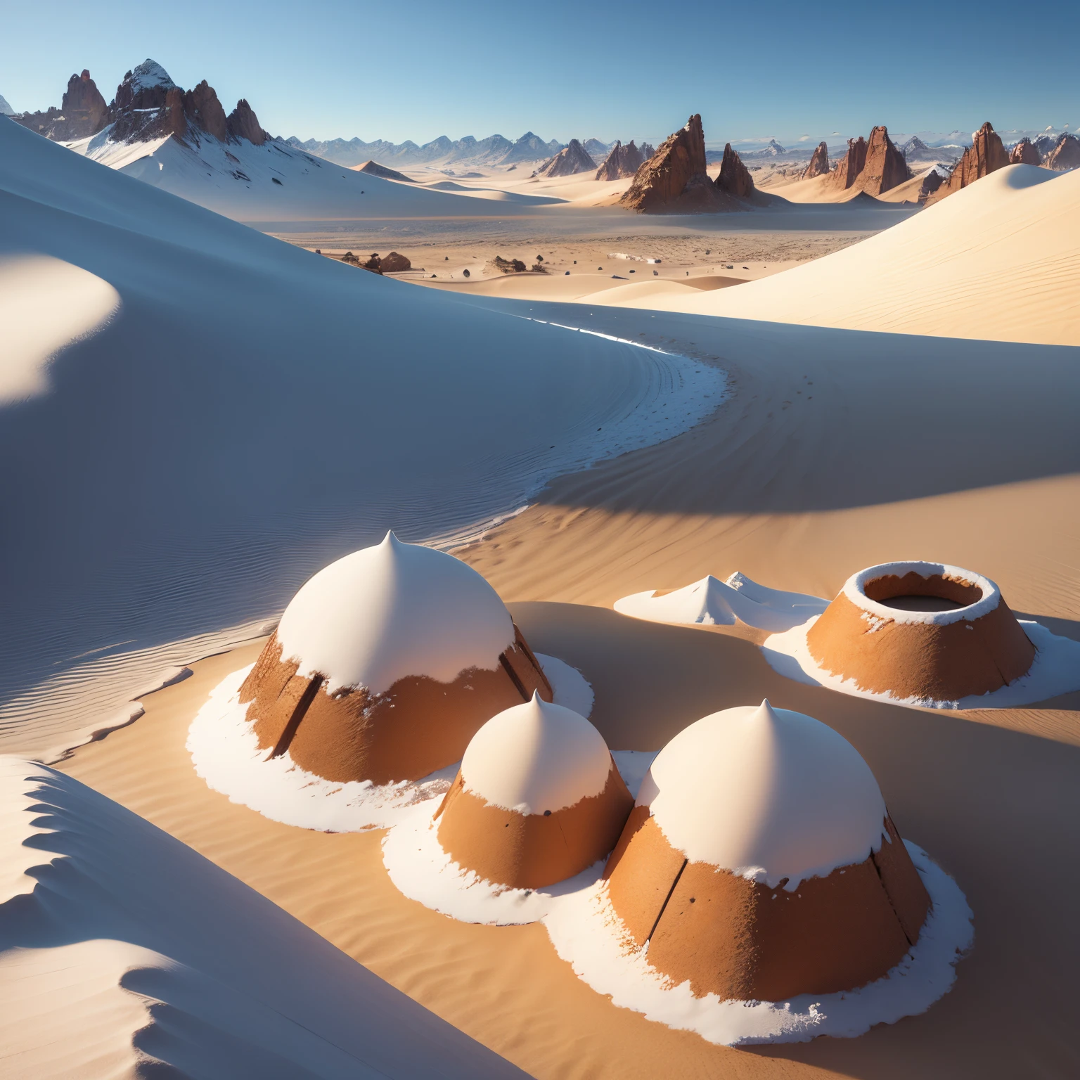 Sahara desert and snowy mountains of Peru, sand, snowflakes, white and brown colors, land and sea, sun and snow, detailed cactus, palm trees swaying in the wind, vibrant sunset over the mountain peaks, vast expanse of sand dunes, camel caravan traversing the desert, icy waterfalls cascading down the cliffs, snow-capped peaks, fluffy clouds in the sky, contrasting textures and temperatures, extreme heat and freezing cold, intricate patterns formed by the wind on the sand, jagged edges of the mountains, sparkling sunlight reflecting off the snow, serene and calm atmosphere, large waves crashing on the shore, colorful fish swimming in the clear blue sea, towering ice sculptures, traces of animal footprints in the sand, diversity of flora and fauna, vastness and grandeur of nature, hypnotizing silence interrupted only by the sound of wind and waves. 

(best quality,4k,8k,highres,masterpiece:1.2), ultra-detailed, realistic:1.37, HDR, UHD, studio lighting, extreme detail description, professional, vivid colors, sharp focus, physiologically-based rendering, portraits, landscape, contrasted color tones, dynamic lighting effects.