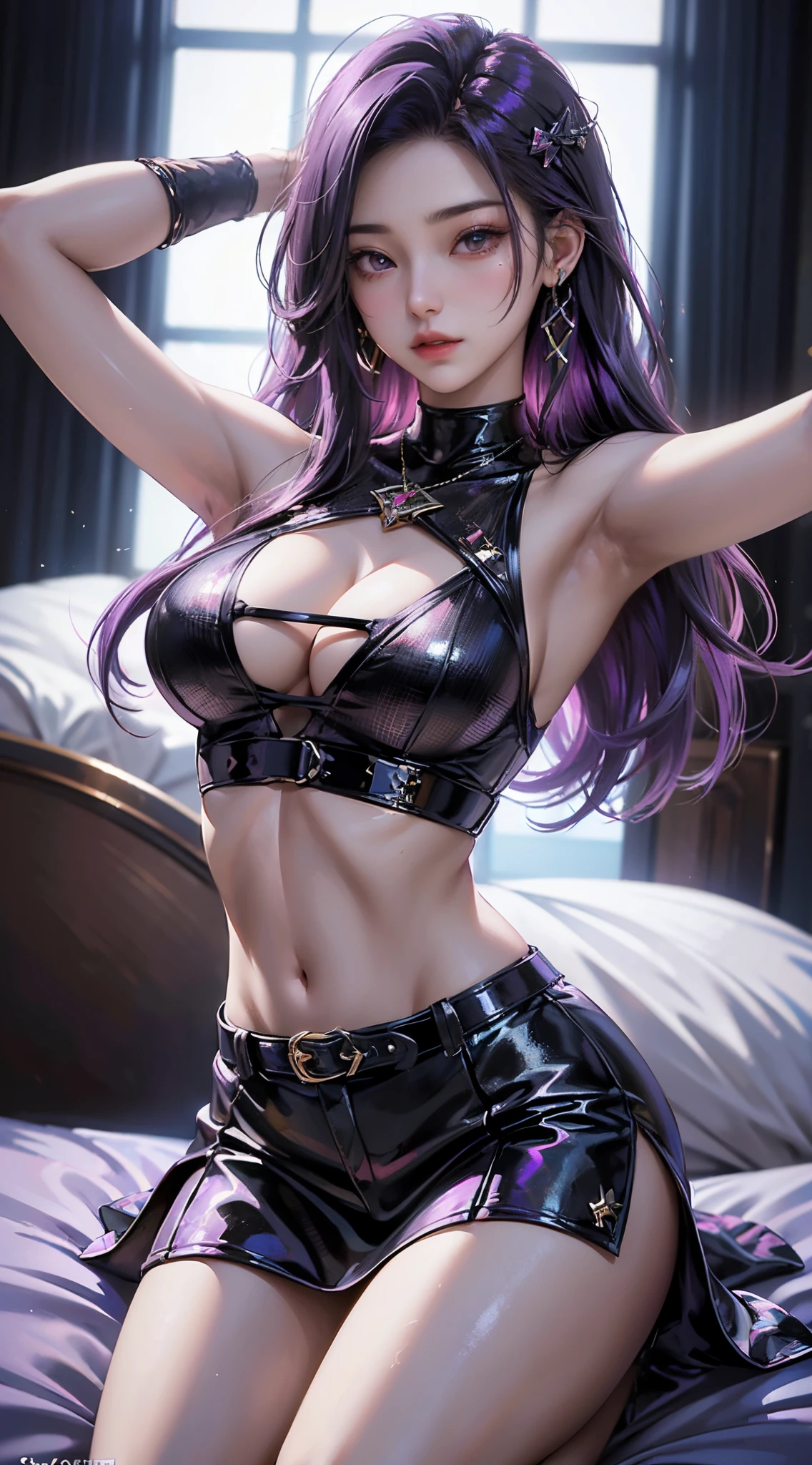 ((Realistic light, Best Quality, 8K, Masterpiece :1.3)), taking selfies, 1girl, beautiful woman with perfect figure :1.4, Abs :1.1, purple hair, Arabian dress :1.4,belts :1.2, translucent bed inserts, ultra-detailed face, A detailed eye, 二重まぶた, ( MIYAMA - ZERO)Perfect Hands Perfect Fingers Perfect Breasts Perfect Hair Perfect Face Perfect Body, Dynamic angle M