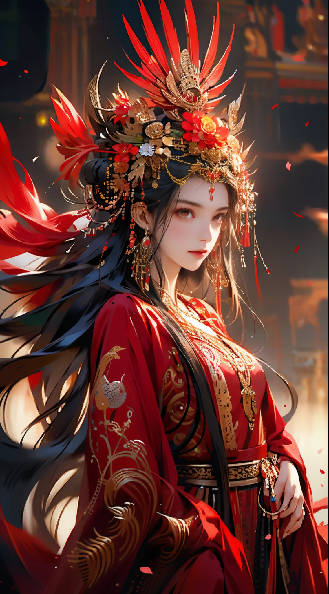 1个Giant Breast Girl, Alone, long whitr hair, petals, falling flower petals, jewely, a skirt, hair adornments, Red dress, Chinese clothes, brunette color hair, bangle, longer sleeves, red eyes, woven, Forehead imprints, Keep your mouth shut, looking at viewert, facial marks smile,pretty face,exquisite facial features,