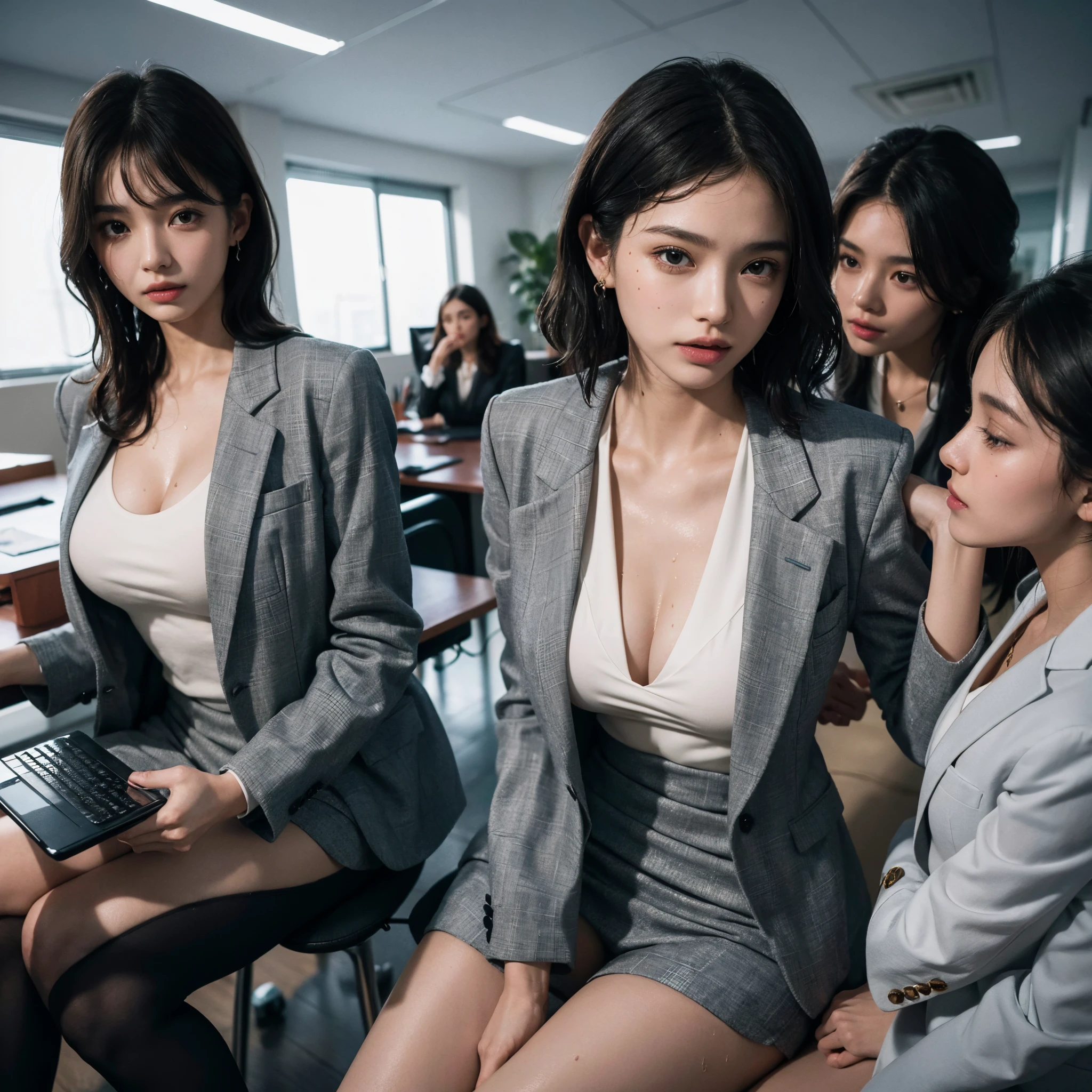 absurdres, RAW photo, extremely delicate and beautiful, masterpiece, Best Quality, ultra high resolution, 16k, hyperrealistic, ultra-detailed, perfect anatomy, super Detailed skin, perfect figure, Very detailed CG 8k wallpaper, in her 20s, very Slim body, narrow waist, very small head, very small face, delicate facial features, tearful mole, earring, thin legs, (very huge round breasts), full body shot, (((3 girls))), short hair, (wavy hair), (((office lady suit))), (wet clothes), jacket,