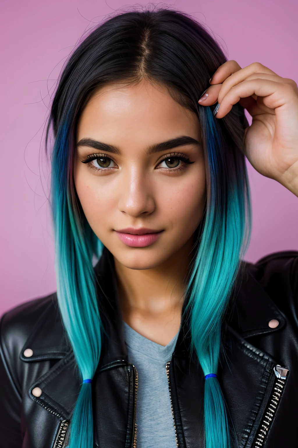 photo of (emikin:0.99), woman as a sexy TikTok influencer, cobalt hair, blue hair , teal hair , twintails, piggy tails, indoors , modelstyle photoshoot, full body pose , light pink wall background , wearing leather jacket, leather jacket , boob tube , cleavage, (extremely detailed CG unity 8k wallpaper), photo of the most beautiful artwork in the world, professional majestic (photography by Steve McCurry), 8k uhd, dslr, film grain, Fujifilm XT3 sharp focus, f 5.6, High Detail, Sharp focus, dramatic, (looking at viewer:1.2), (detailed pupils:1.3), (natural light), (seductive) , (masterpiece:1.3), (8k, photorealistic, RAW photo, best quality: 1.4), (1girl), beautiful face, (realistic face), beautiful hairstyle, realistic eyes, beautiful detailed eyes, (realistic skin), beautiful skin, (black sweater), absurdres, attractive, ultra high res, ultra realistic, highly detailed, golden ratio